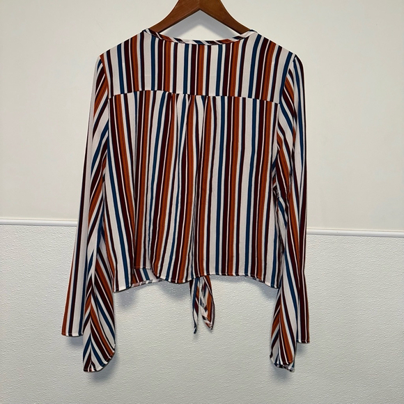 Women's Fashion Muse Blouse, XL, Multicolor Stripes Long Sleeve Tie Bottim - Picture 2 of 9